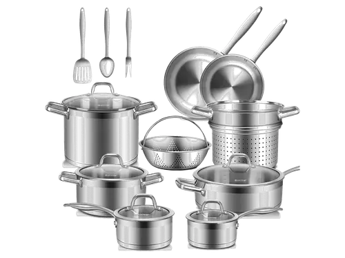 A full Duxtop stainless cookware set with pots, pans, steamer and utensils