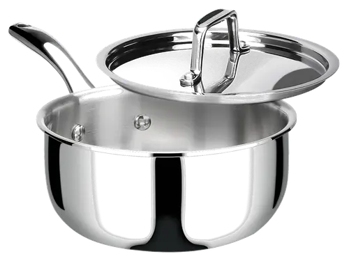 A three quart Duxtop Whole-Clad Tri-Ply saucepan with its lid resting on the rim